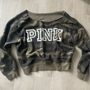 Ladies Victorias Secret Pink Off Shoulder Comfy Sweatshirt Camo Green Top XL